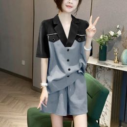 Womens Summer Korean Suit Collar Pullover Fashion Upscale Button Contrast Panel Tops Elastic Drawstring Casual Shorts Set 240418