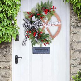 Decorative Flowers Christmas Wreath Black White Plaid Bow Xmas For Farmhouse Porch Home