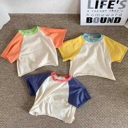 T-shirts 2024 Summer New Baby Short Sleeve T Shirt Patchwork Sleeves Cute Girl Tee Cotton Infant Boy Shirts Toddler Kids Tops H240423