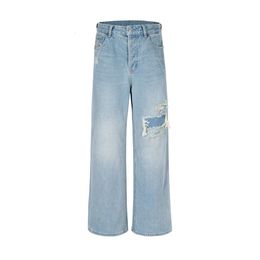 Streetwear Wide Leg Baggy Hole Cut Washed Jeans Unisex Straight Y2K Ripped Flare Pants Mens Oversized Casual Denim Trousers 240417