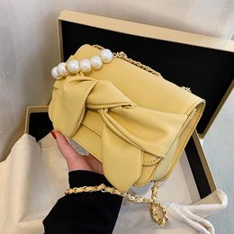 Shoulder Bags Women Pearl Chain Handbags Elegant Design Female Bowknot Underarm Bag Solid Color PU Leather Ladies Flap Messenger