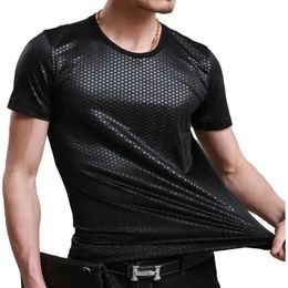 Mens Ice Silk Fabric Clothes Summer Round Neck Solid Colour Casual Tops Fashion Slim Jacquard Weave T-shirt 240418