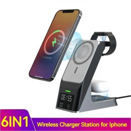 Chargers 6in1 Magnetic Wireless Charger for Iphone 12 13 14 Pro Max Airpods Alarm Clock 15W Fast Apple Watch Stand Mobile Phone Mag Safe