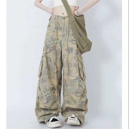 Jeans femininos femininos americanos retrô de hip hop calças de camuflagem strt estilo unissex fêmea feminina larga pernas larga amarra de amarração cargo calças y240422