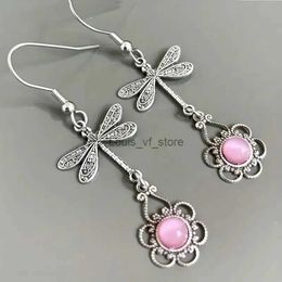Dangle Chandelier Exquisite Dragonfly Flower Round Silver Colour Earrings for Women Metal Inlaid Pink Stone Jewellery Trendy Female H240423
