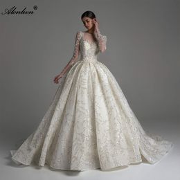 Luxury Embroidery Lace Sheer Neck Full Sleeves Ball Gown Wedding Dress Beading floral patterns princess Bridal Gowns embroidered With Multi-layered Lace