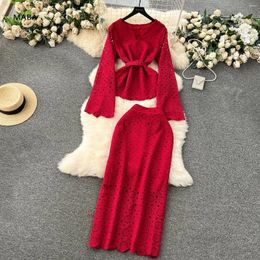 Work Dresses 2024 Women Runway Lace Embroidery Hollow Two Piece Sets Suit Fashion Gorgeous Flare Sleeve Belt Shirt And Slim Long Skirt