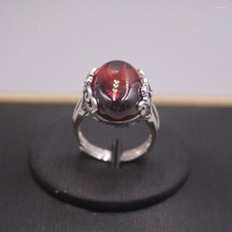 Cluster Rings Real Solid 925 Sterling Silver Band Women Lucky Oval Garnet Carved Flower Hollow Ring