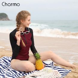 Women's Swimwear Charmo Women Long Sleeve Front Zipper Rashguard Shirt Swimsuit Patchwork Surfing Top Hiking Rash Guard UPF50