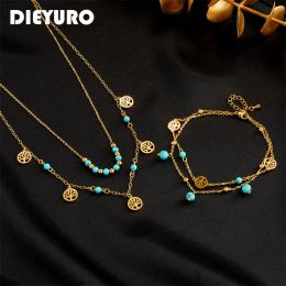 Necklaces DIEYURO 316L Stainless Steel Round Tree Green Stone Beads Necklace Anklets For Women Girl Fashion 2Layer Chains Jewelry Set