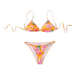 New European and American Fashion Swimsuit Split Bikini Set for Women's Swimwear Floral Orange Sexy Bikini Set