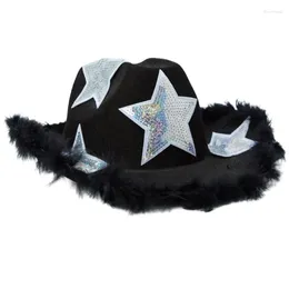 Berets Heavy Sequins Cowboy Hats Star Feather Hat For Disco House Cocktails Parties Vacation Comedian