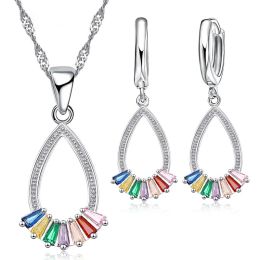 Necklaces Earrings Necklace Jewelry Sets Real 925 Sterling Silver Color Rainbow Crystal Necklace Earrings for Women Girls Nice Gift