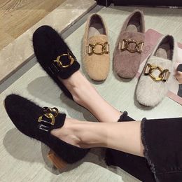 Casual Shoes Metal Chains Mink Hair Cotton Flats Round Toe Slip On Thick Heels Woman Solid Comfy Winter Loafers Female Moccasins