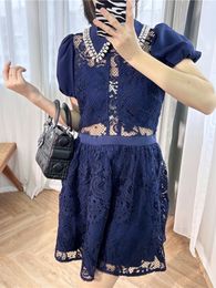 Self Portrait Summer Print Panelled Lace Dress Blue Short Sleeve Lapel Neck Knee-Length Casual Dresses G4A2315