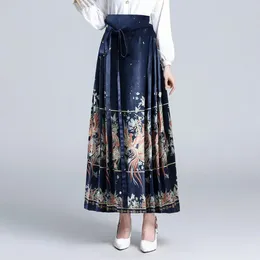 Skirts Chinese Skirt With Phoenix Print High Waist Hanfu Pleated Lace-up Horse Face Female 2024 Faldas Para Mujeres