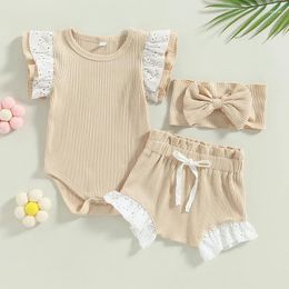 Clothing Sets Born Baby Girls Short Summer Clothes 3PCS Outfit Flying Sleeve O Neck Bodysuit Drawstring Shorts Headband 0 To 18 Months