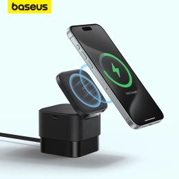 Chargers Baseus 2 in 1 Cube Magnetic Wireless Charger Macsafe Portable Fast Charging With Retractable Cable For iPhone 15 14 Pro Airpods