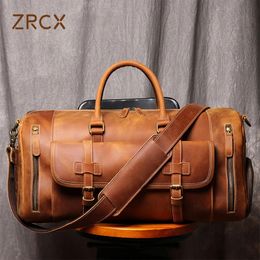 ZRCX Mens Genuine Leather Travel Bag Business Handbag First Layer Cow Gym Duffel For 13inch Laptop 240419