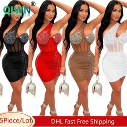 Casual Dresses 5Pcs Bulk Wholesale Evening Dress Women Sexy One Shoulder Shining Rhinestone Ladies Clubwear Party Bodycon Mini Vestidos