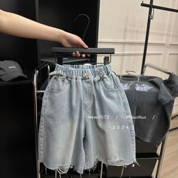 Trousers Boys Shorts 2024 Korean Style Summer All Match Jeans Solid Color Ripped Pants Loose Casual Fashion Children Bottoms