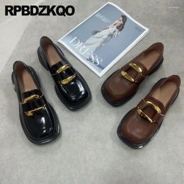 Casual Shoes Sheepskin Brown Women Slip On Loafers Low Heel Slippers Square Toe Block Genuine Leather Slides Half Metal Mules Patent