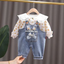 Sets Spring newborn baby girl's clothes outfit sets floral shirt denim overalls suit for toddler girls baby clothing 1st birthday set
