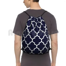 Backpack Navy Blue Quatrefoil Pattern Drawstring Bags Gym Bag Waterproof Moroccan