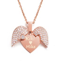 Necklaces Personalised Women Chain Necklace Custom Engraved Name Openable Heart Crystal Wings Pendant Neklace Valentine Day Gift With Box