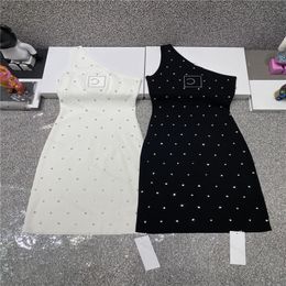 24SS New Women Knit Dress Shirt One-Shoulder Designer Dress Designer Crop Tops Tank Dress High End Elasticity Letter Beads A-Line Sexy Bodycon Camisole Tee Midi Dress