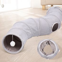 Toys Cat Tunnel for Indoor Cats Foldable Big Cat Tunnel Grey Suede Pet Tunnels with One Peephole and a Plush Ball Hanging Toy