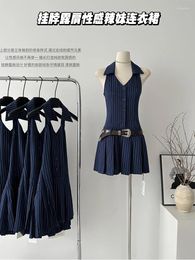 Casual Dresses Summer Vintage Sleeveless Mini Dress Women Korean Fashion Polo Collar Office Lady Aesthetic Frocks With Belt Gyaru Streetwear
