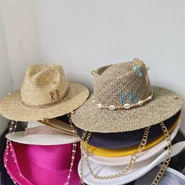 White straw hat pearl chain DIY flat top sun hat Korean elastic ribbon hat beach hat candy color sun hat 240418