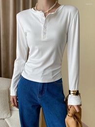 Women's T Shirts Women Coffee Multi Colour Button Brief Elegant Slim T-shirt Round Neck Long Sleeve Fashion Spring Autumn X728