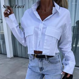 Women's Blouses All-match Ladies Single-breasted Pocket Tops Spring Lapel Long Sleeve Solid Color Shirt INS Fashion Chic Short