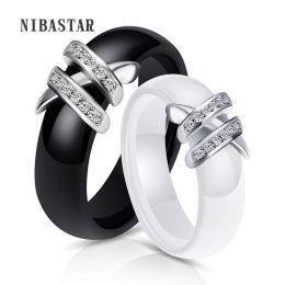 Bands Best 6mm High Quality Black And White Simple Style Two Line Crystal Ziron Ceramic Rings For Women Fashion Jewelry Gift