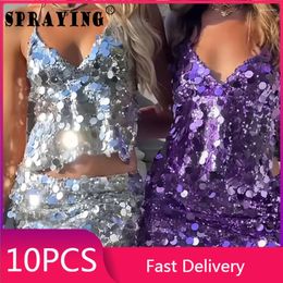 Work Dresses 10 Y2k Dress Sets 2024 Sexy Halter Bandage Lace Up Backless Tops Mini Skirt Sequins Wholesale Items Night Club Wear S13171