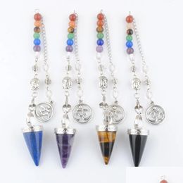 Pendant Necklaces Natural Stone Cone Pendants Pendums Crystal 3D Buddha 7 Chakras Chain Reiki Pendum For Dowsing Pende Radiestesia P Dhxyl