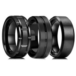 Bands 2023 Trendy Men's 8mm Black Titanium Wedding Band Rings Double Black Groove Beveled Edge Stainless Steel Engagement Ring For Men