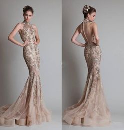 2017 Champagne Evening Dresses High Neck Mermaid Court Train Zuhair Murad Vestidos With Golden Appliques Back Covered Buttons Prom1282591