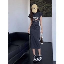 Grey French Waist Cinched Spicy Girl Slim Fit Dress, Lazy Style, Sexy and Minimalist Small Stature Long Skirt, Buttocks Wrapped Skirt, Women's Summer