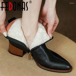 Boots FEDONAS Vintage Concise Women Genuine Leather Ankle Winter Warm Wool Dress Office Lady Pointed Toe Thick Heels Shoes Woman