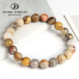 Strands JD 8mm Natural Stone Yellow Crazy Lace Agates Round Beads Bracelet Nice Gift For Women Men High Quality Elastic Bracelet