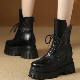 Boots Gladiator Sandals Women Hollow Genuine Leather Wedges High Heel Ankle Female Lace Up Round Toe Platform Pumps Casual Shoes