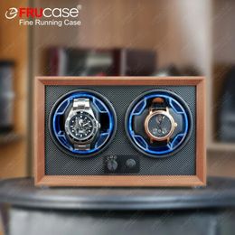 FRUCASE Double Watch Winder for Automatic Watches 2 Box Jewellery Display Collector Storage Wood Grain with Light 240418