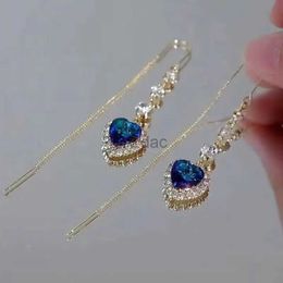 Dangle Chandelier Exquisite Blue Heart Shaped Zircon Earrings for Women Luxury Long Tassel Ear Line Dangle Earring Ladies Wedding Party Jewelry d240323