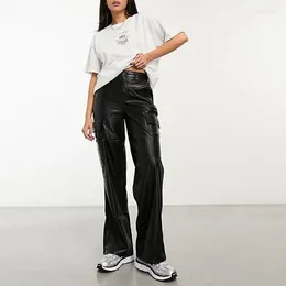 Women's Pants Women Black Matte Faux Leather Cargo With Pocket Ladies Fashion PU Loose Casual Straight Trousers Custom