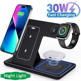 Chargers 30W LED Fast Wireless Charger Stand 3 in 1 Foldable Charging Station For iPhone 15 14 13 12 11 Apple Watch 9 8 7 6 5 Airpods Pro