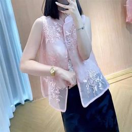 Women's Vests Pink Silk Organza Vest 2024 Summer Chinese Style Luxury Designer Top Sleeveless Waistcoat Camisole K769