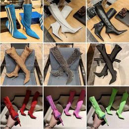 Faca de moda de Paris 110mm Boots Over-the-Koots Designer Women Witch Witch 110mm Boot Luxury Leather Print Elastic Fabric Hight Healed Botas com zíper tamanho 35-42